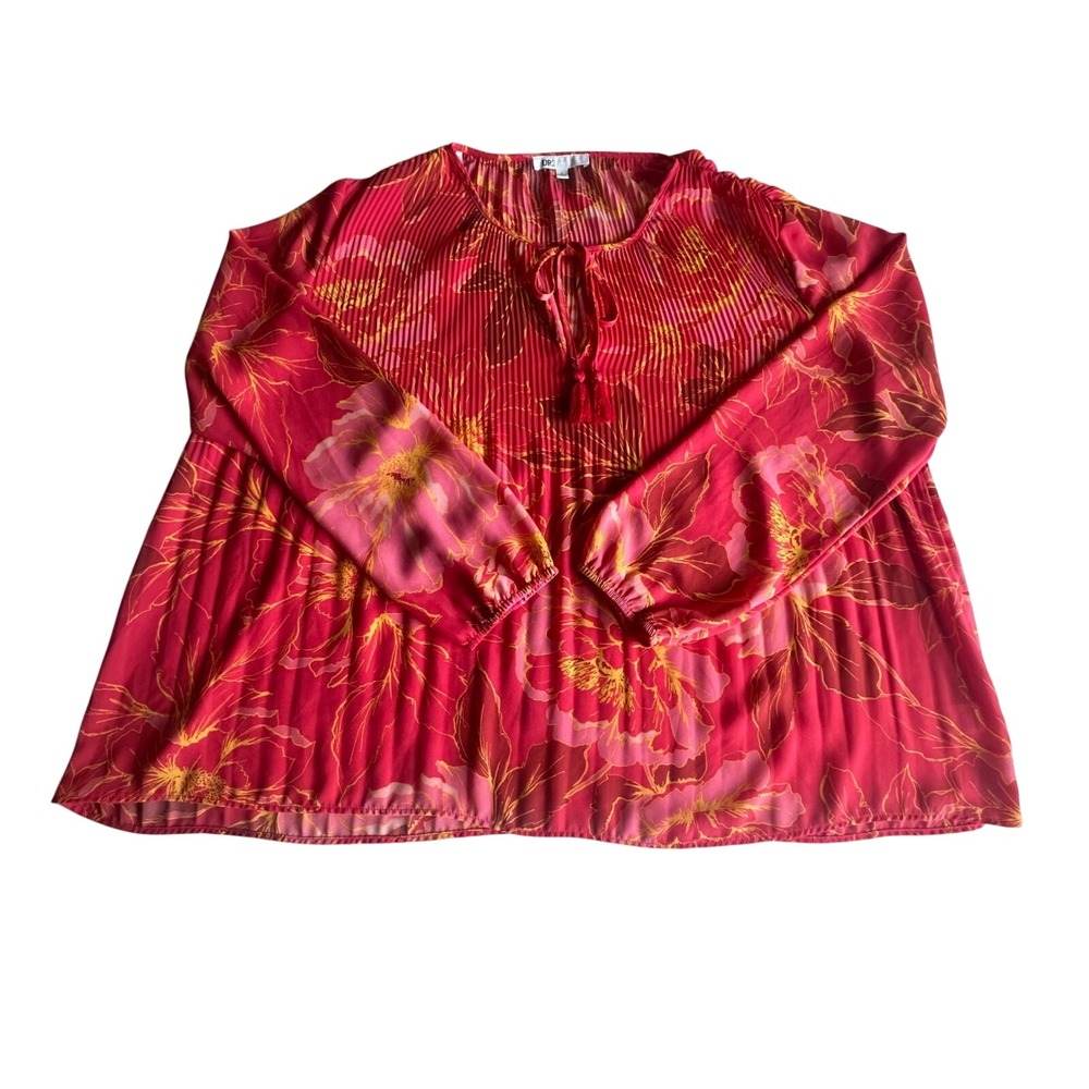 DR2 Daniel Rainn Pink Floral‎ Pleated Peasant Whimsical Blouse Tassel Tie Large